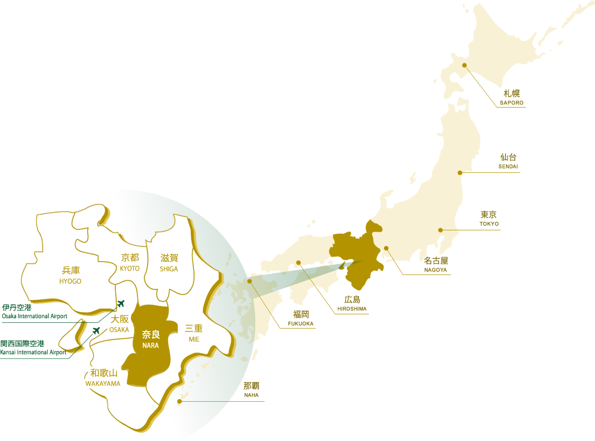 奈良を示した日本地図